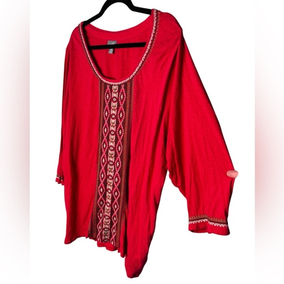 J. Jill Cotton Red V Neck Floral Embroidered Bohemian Long Sleeved Top Size 3X - Picture 2 of 8